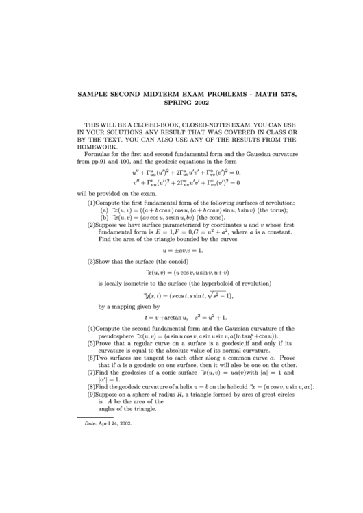 Sample Second Midterm Exam Problems Printable pdf