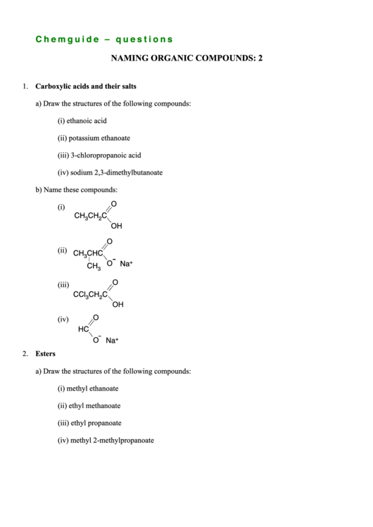 Naming Organic Compounds: 2 Chemistry Worksheets Printable pdf