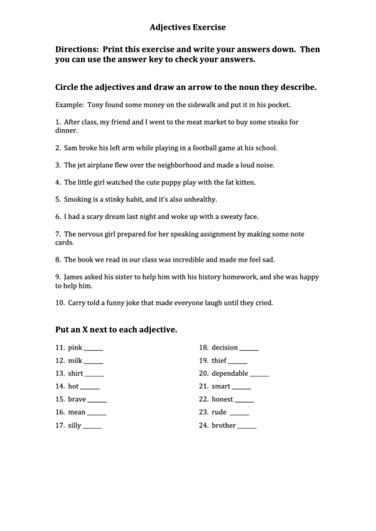 Adjectives Exercise Worksheet Printable pdf