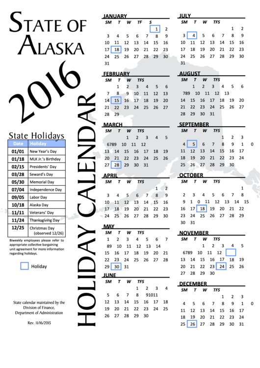 Calendar Template With Alaska Holidays - 2016