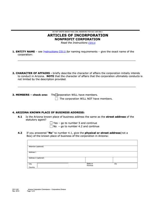 Fillable Form C011.001 - Articles Of Incorporation - Nonprofit Corporation - 2010 Printable pdf