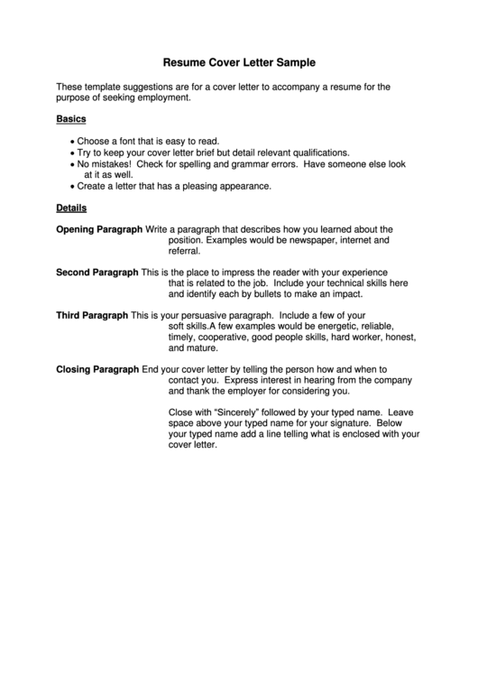 Resume Cover Letter Sample Printable Pdf Download