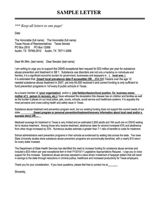 Sample Letter To Senator Template Printable pdf