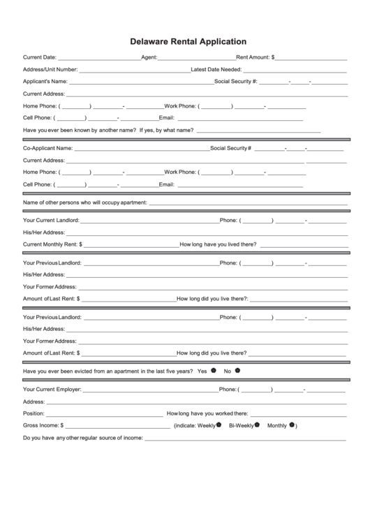 Fillable Delaware Rental Application Printable pdf