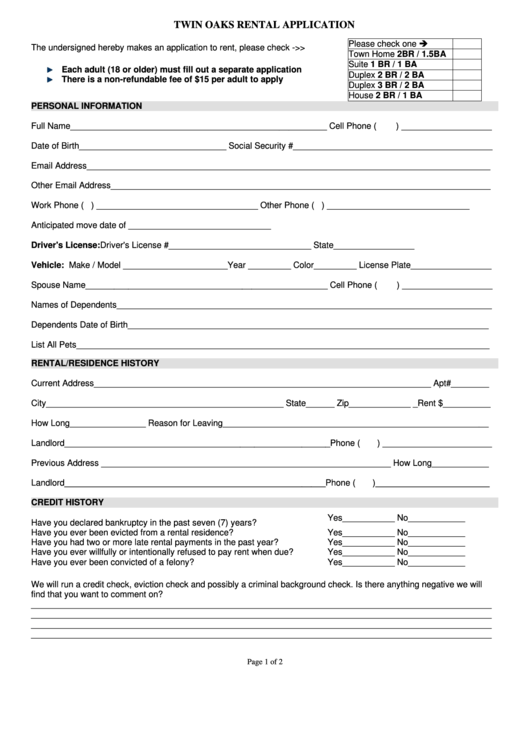 Twin Oaks Rental Application Printable pdf