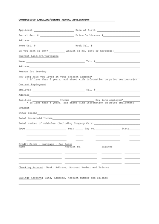 Fillable Connecticut Landlord/tenant Rental Application Printable pdf