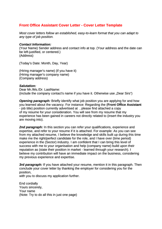 Cover Letter Template For Office Assistant