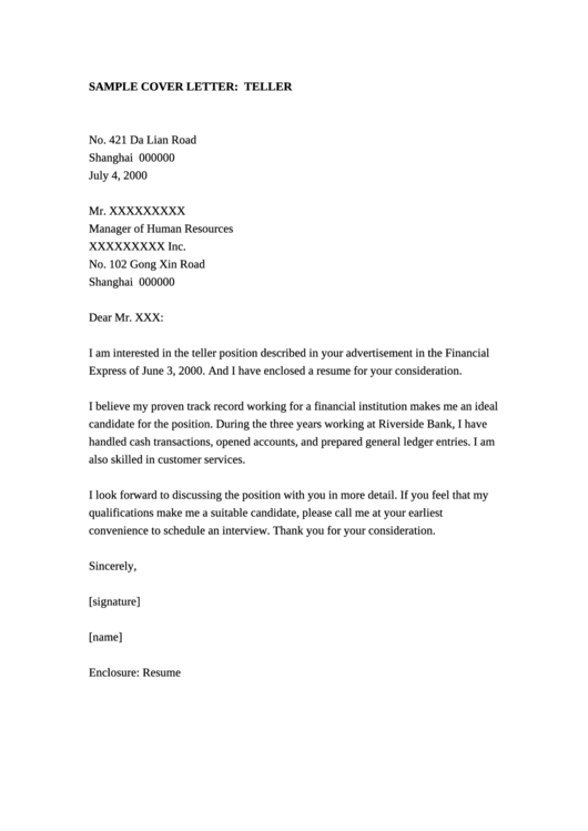 cover letter for bank teller pdf