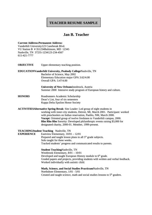 Teacher Resume Sample Printable pdf