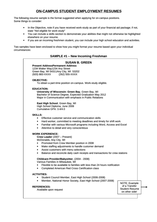 On-Campus Student Employment Resumes Printable pdf