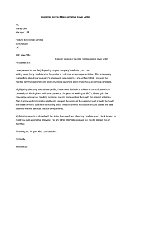 Customer Service Representative Cover Letter Sample Printable pdf