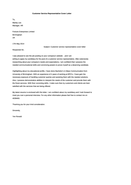 sample of application letter for customer service representative