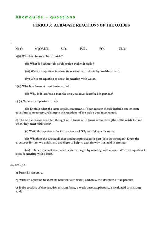 Period 3: Acid-Base Reactions Of The Oxides Chemistry Worksheets Printable pdf