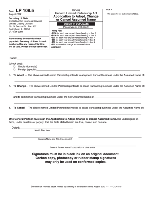 Fillable Form Lp 108.5 - Application To Adopt, Change Or Cancel Assumed Name Printable pdf