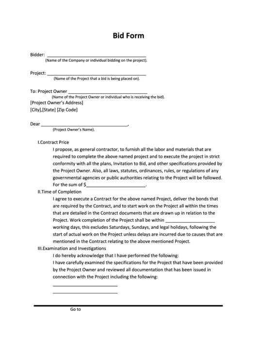 Bid Form Template Printable pdf