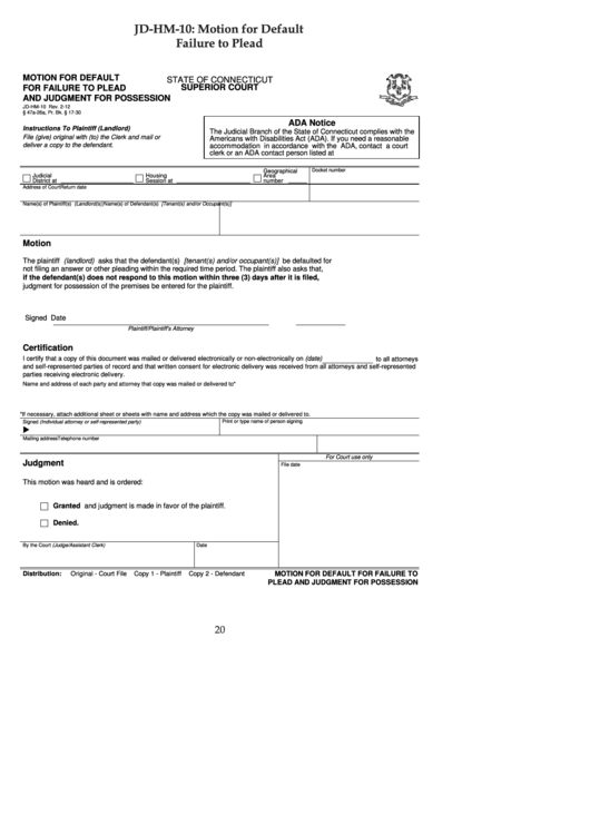 Form Jd-Hm-10 - Motion For Default Failure To Plead Printable pdf