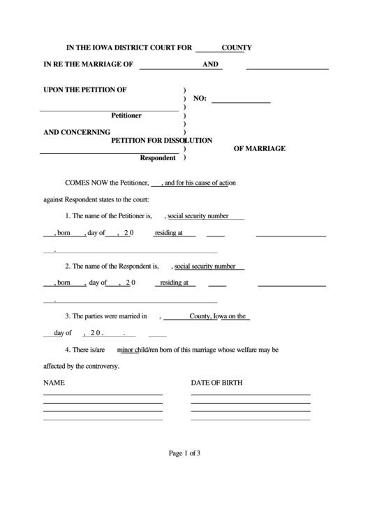 Fillable Petition For Dissolution Of Marriage - Iowa District Court Printable pdf