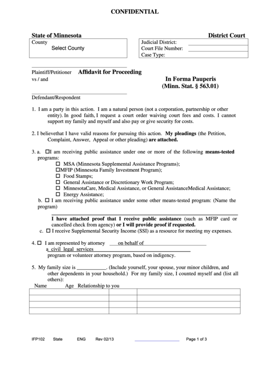 Fillable Affidavit For Proceeding In Forma Pauperis Printable pdf