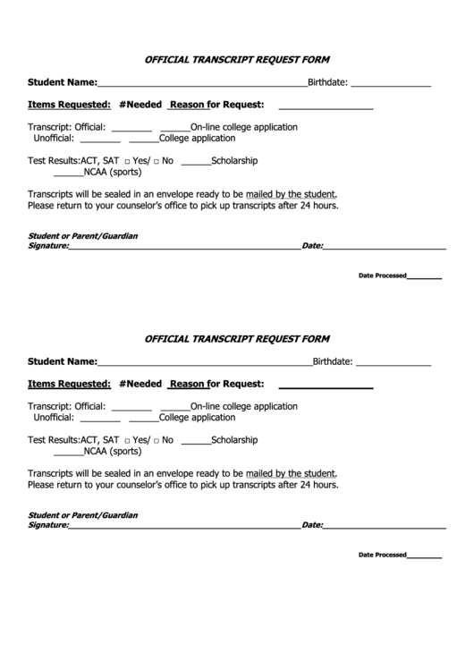 Official Transcript Request Form Printable pdf