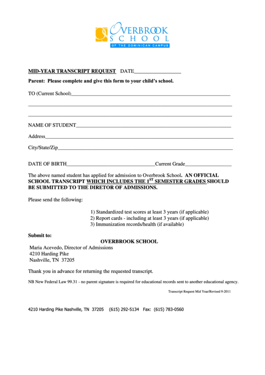 Overbrook School Mid-Year Transcript Request Form Printable pdf