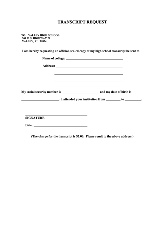Valley High School Transcript Request Form Printable pdf