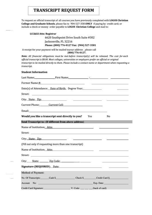 Logos Christian College And Graduate School Transcript Request Form Printable pdf