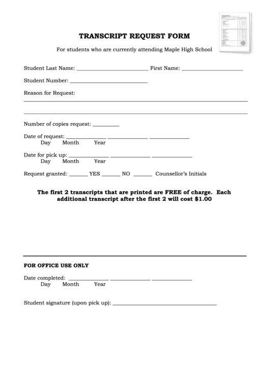 Maple High School Transcript Request Form Printable pdf