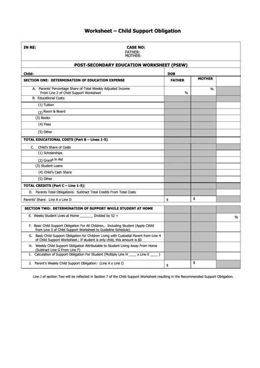 Worksheet - Child Support Obligation Template Printable pdf
