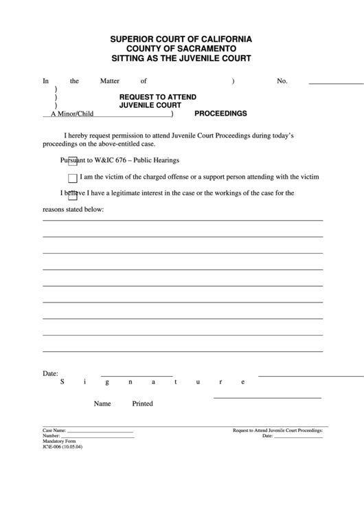 Request To Attend Juvenile Court Proceedings Printable pdf