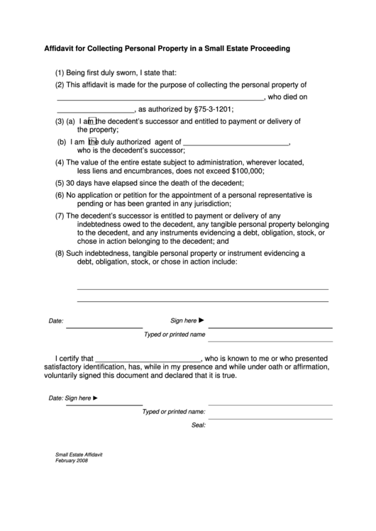 Affidavit For Collecting Personal Property In A Small Estate Proceeding Form Printable pdf
