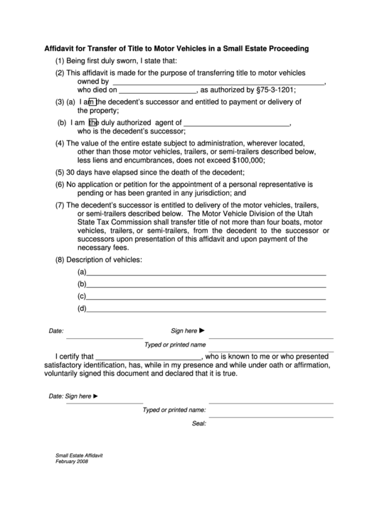 Affidavit For Transfer Of Title To Motor Vehicles In A Small Estate Proceeding Form Printable pdf