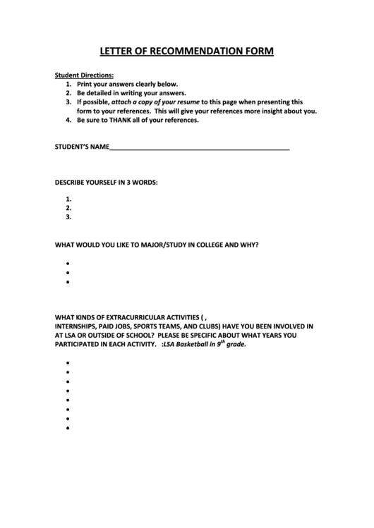 Letter Of Recommendation Form Printable pdf