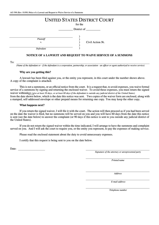 Fillable Notice Of A Lawsuit And Request To Waive Service Of A Summons Printable pdf