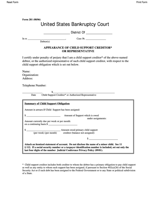 Fillable Appearance Of Child Support Creditor Or Representative Printable pdf