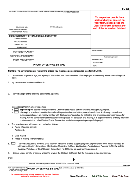 Fillable Form Fl-335 - Proof Of Service By Mail Printable pdf