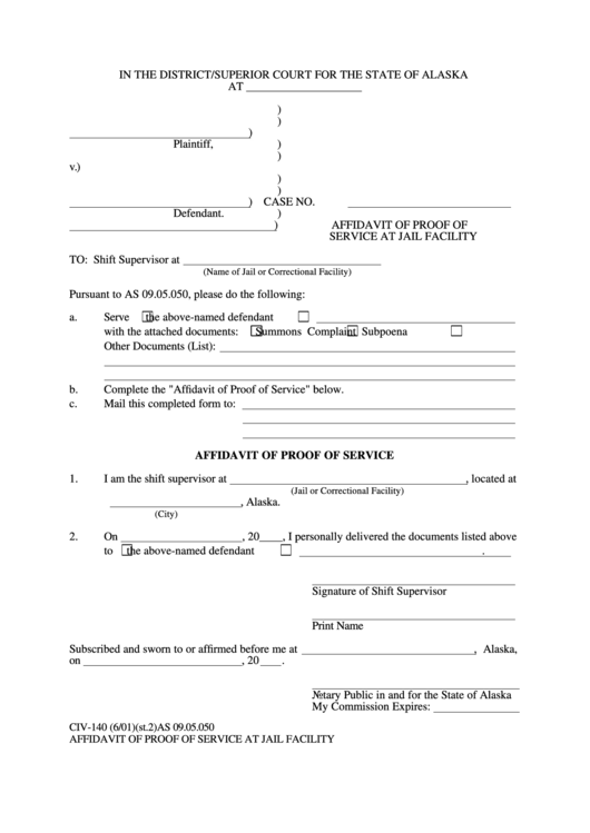 Affidavit Of Proof Of Service At Jail Facility Printable pdf