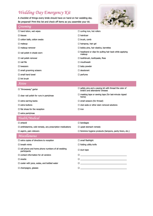 Wedding Day Emergency Kit printable pdf download