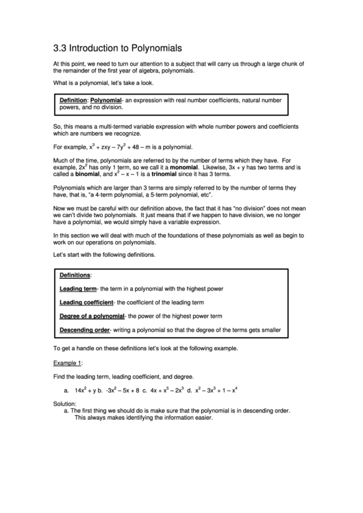 Polynomials Worksheet Printable Pdf Download