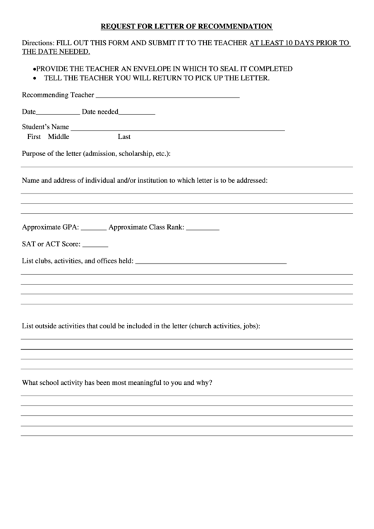 Request For Letter Of Recommendation Printable pdf