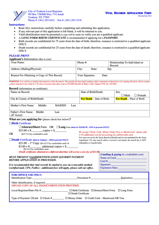 Vital Records Application Form