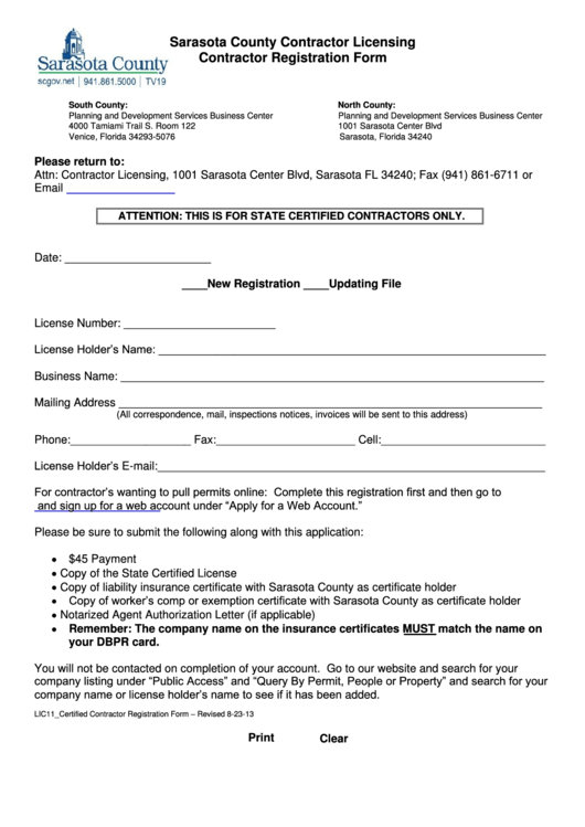 Fillable Sarasota County Contractor Licensing Contractor Registration Form Printable pdf