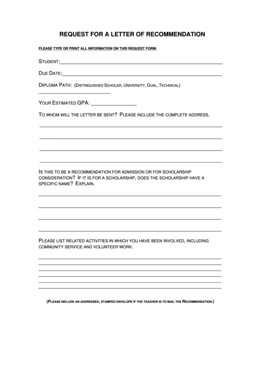 Request For A Letter Of Recommendation Printable pdf