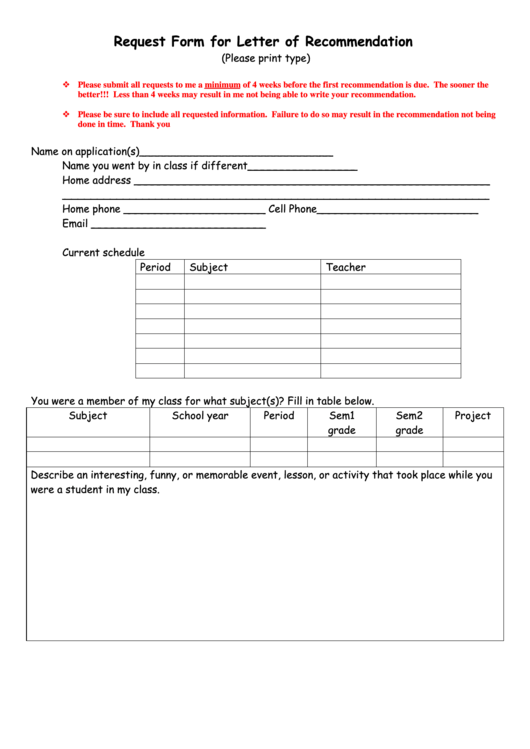 Request Form For Letter Of Recommendation Printable pdf