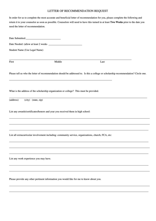 Letter Of Recommendation Request Printable pdf