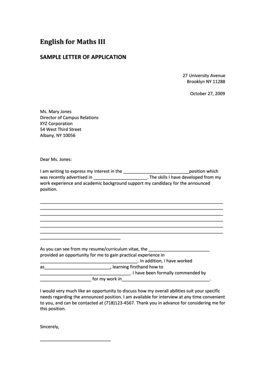 Sample Letter Of Application Printable pdf