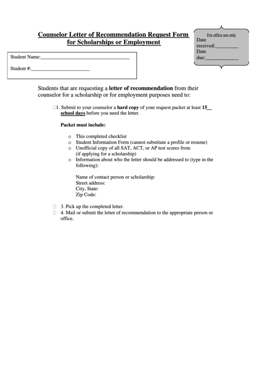 Counselor Letter Of Recommendation Request Form For Scholarships Or Employment Printable pdf
