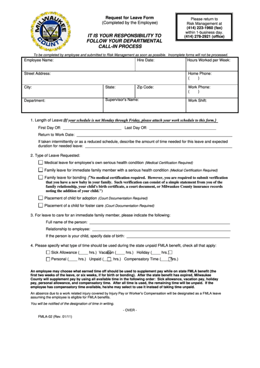 Request For Leave Form (Completed By The Employee) Printable pdf