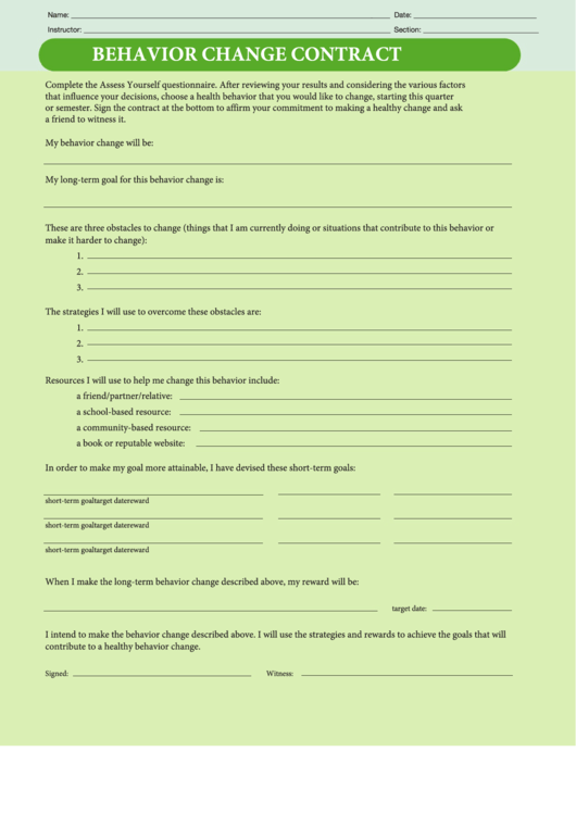 Behavior Change Contract Printable pdf