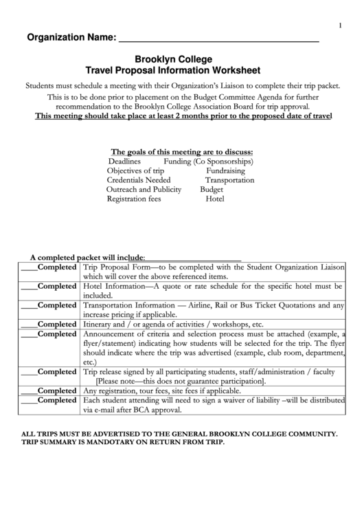 Fillable College Travel Proposal Information Worksheet Printable pdf