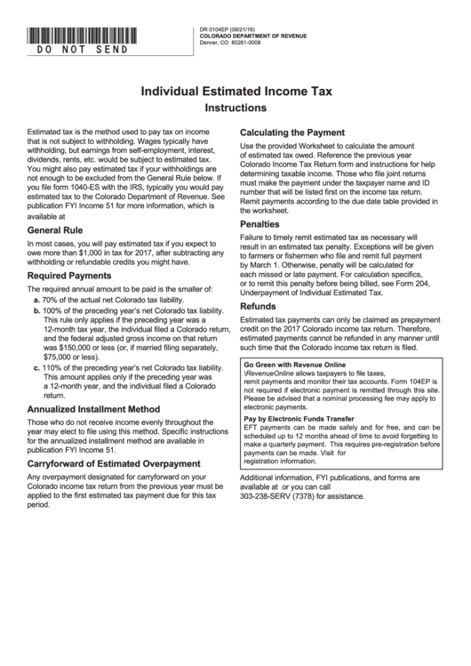 Fillable Dr 0104ep - Individual Estimated Income Tax (Colorado Department Of Revenue) Printable pdf